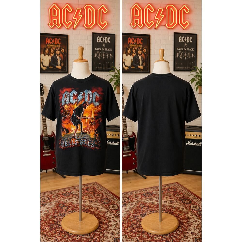AC/DC Hells Bells Band Tee XL Black Graphic Rock Shirt Liquid Blue